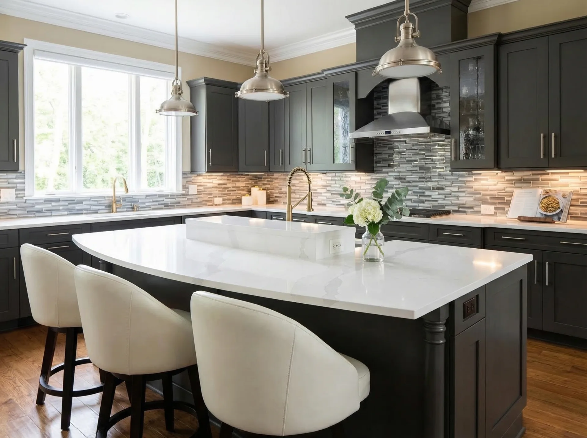 Curved quartz island dark cabinets Charlotte